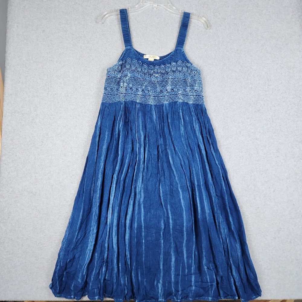 Studio West Dress Womens M Blue Acid Wash Boho Crochet Lace Smocked Wide Strap